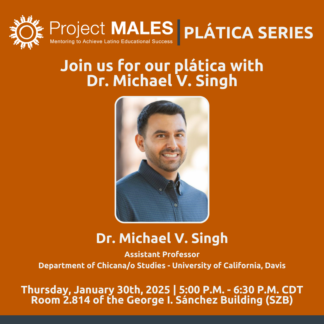 square image with headshot of dr. michael v. singh informing people of the plática